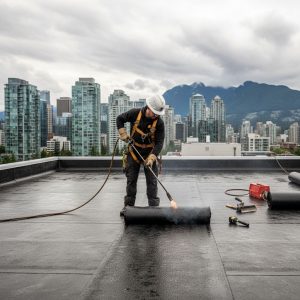 Skilled roofer installing torch-on roofing on a commercial building in Vancouver, with safety gear and urban backdrop under cloudy skies.