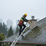 A professional roofing inspector in safety gear climbing a ladder to inspect a moss-covered residential roof in rainy Vancouver weather, using diagnostic tools near flashing and gutters, with misty trees and city skyline in the background.