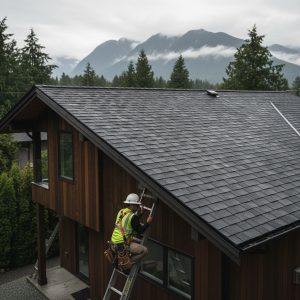 Modern Vancouver home featuring new asphalt shingle roof under rainy BC sky with inspecting roofer
