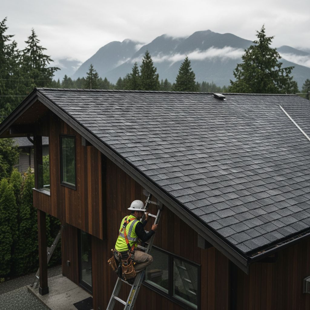 Modern Vancouver home featuring new asphalt shingle roof under rainy BC sky with inspecting roofer