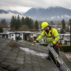 Professional roofing inspector conducting roof examination on a modern Vancouver home in light rain, using moisture meter on moss-covered shingles.