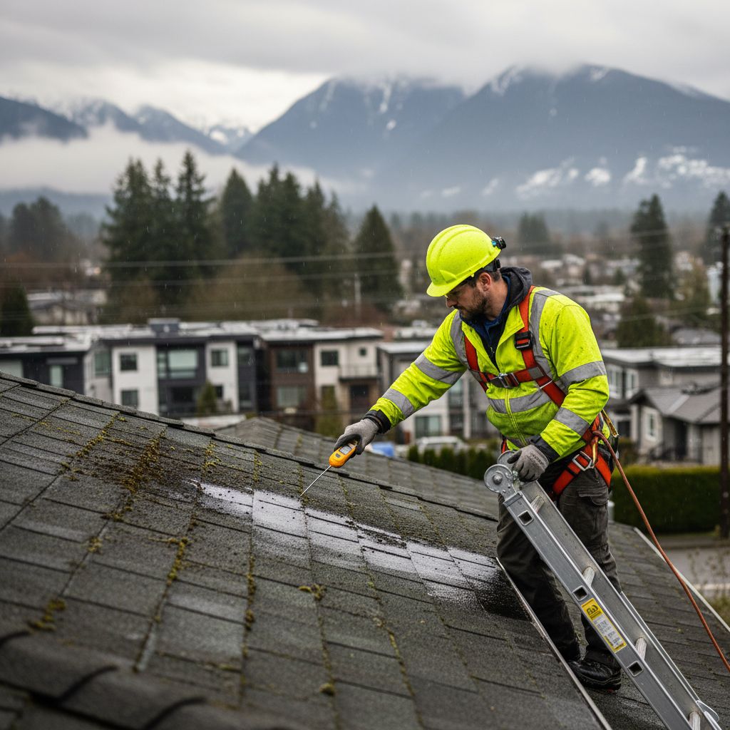 Professional roofing inspector conducting roof examination on a modern Vancouver home in light rain, using moisture meter on moss-covered shingles.