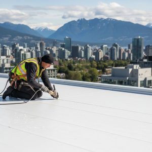 Professional image of a roofer installing TPO membrane on a Vancouver commercial building under cloudy skies with mountain views.