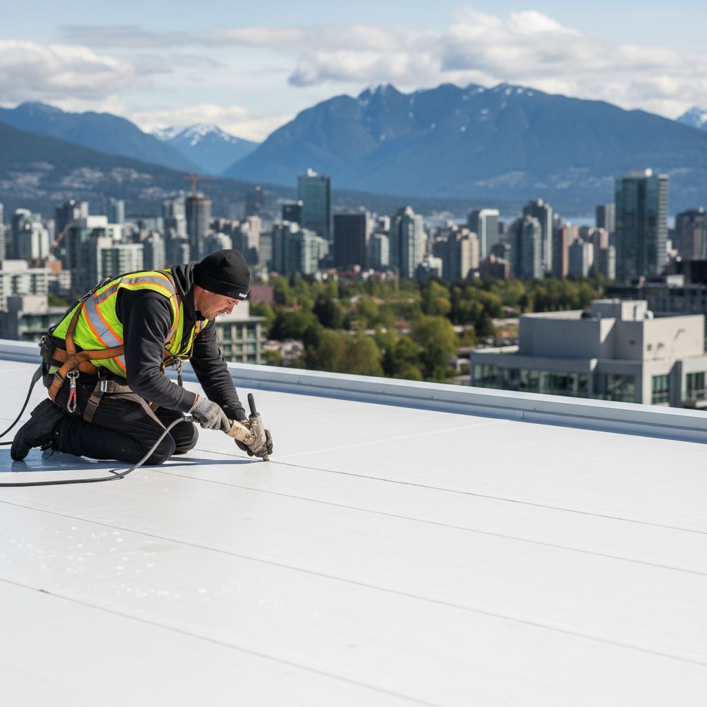 Professional image of a roofer installing TPO membrane on a Vancouver commercial building under cloudy skies with mountain views.