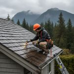 Skilled roofing technician in safety gear inspecting a sloped residential roof on a rainy day in Metro Vancouver, British Columbia, with tools and misty mountain background.