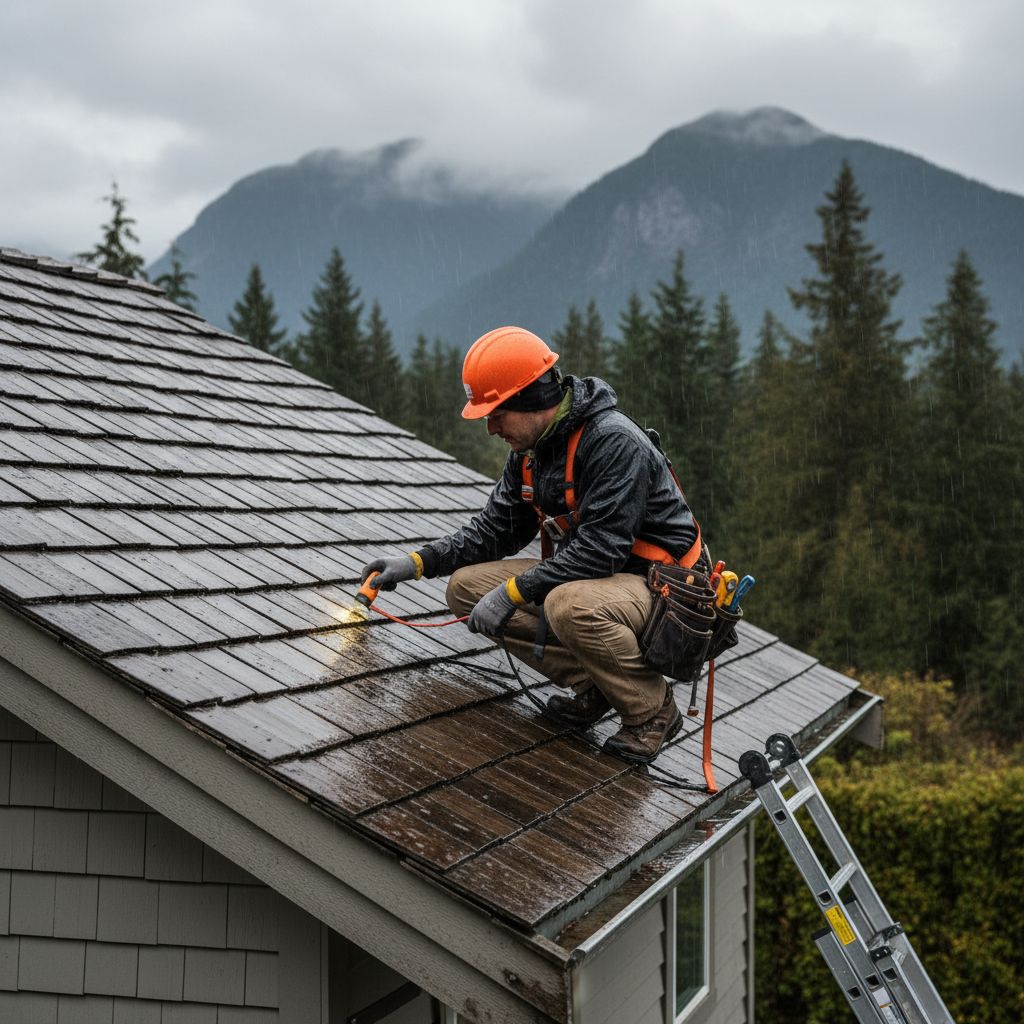 Skilled roofing technician in safety gear inspecting a sloped residential roof on a rainy day in Metro Vancouver, British Columbia, with tools and misty mountain background.