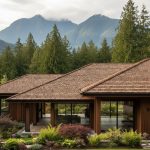 Landscape view of a modern Vancouver home with cedar shake roof amid evergreen trees and coastal mountains, highlighting sustainable roofing material.