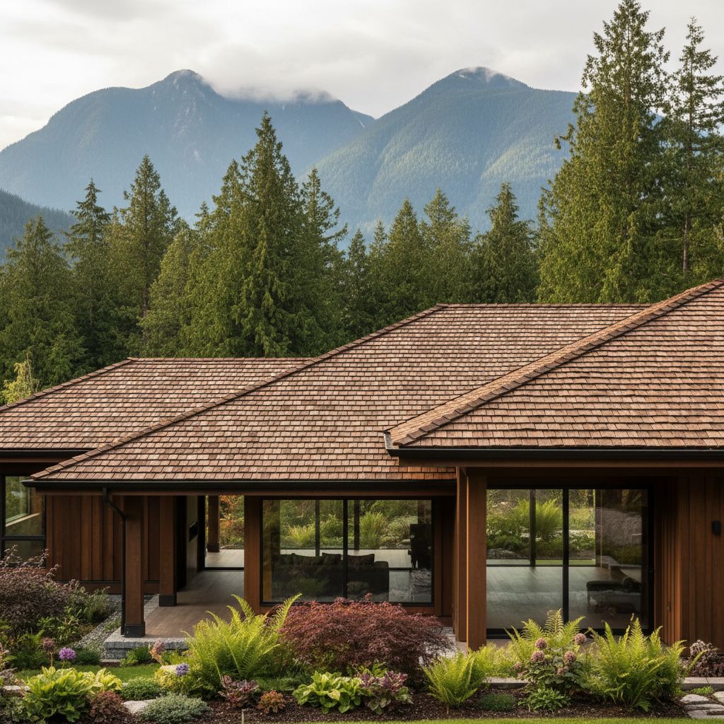 Landscape view of a modern Vancouver home with cedar shake roof amid evergreen trees and coastal mountains, highlighting sustainable roofing material.