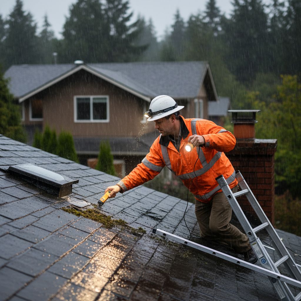 Skilled roofer inspecting leaking residential roof during heavy rain in Vancouver, using tools for diagnosis amid foggy evergreens.