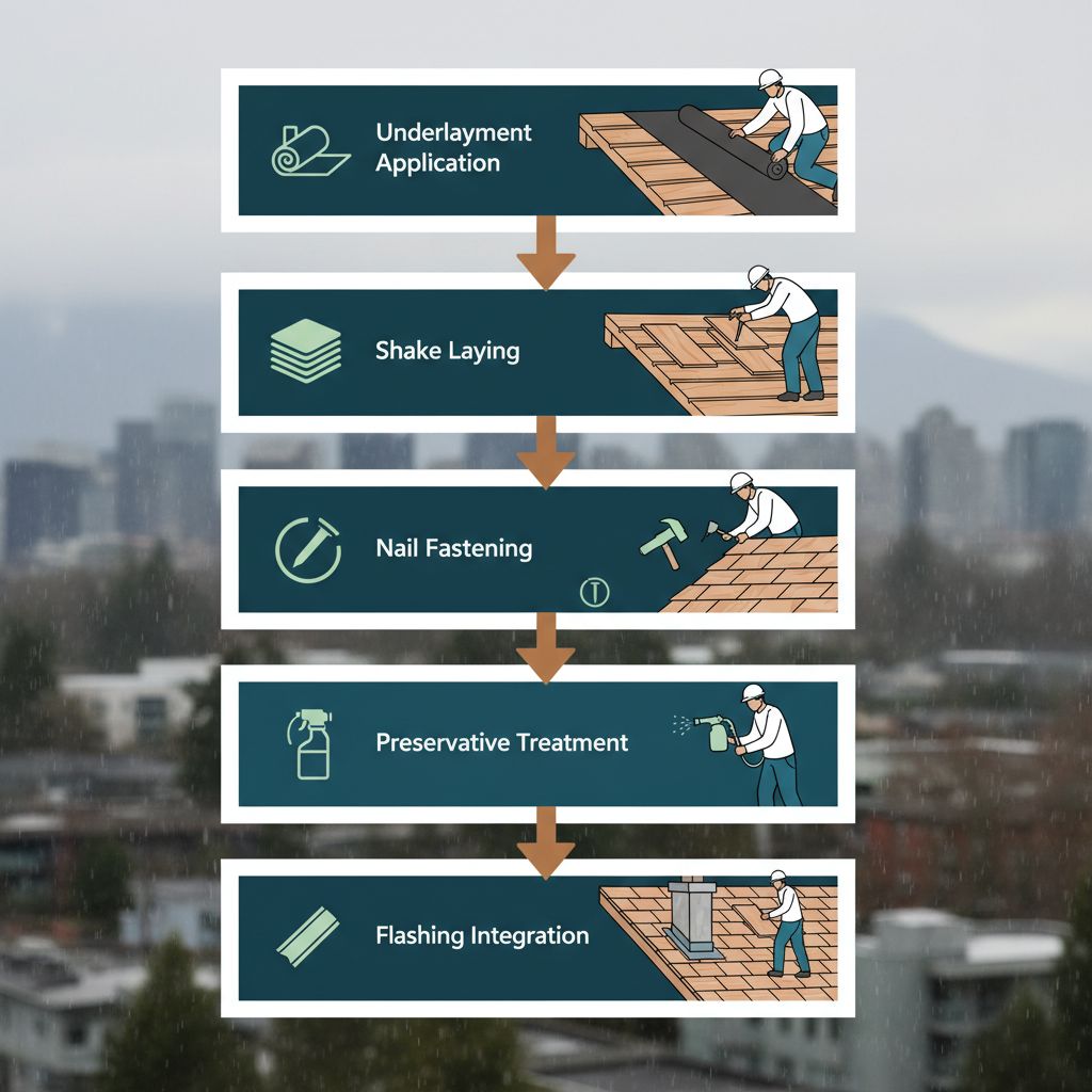Vertical process flow diagram illustrating five key stages of cedar shake roofing installation in Vancouver, from preparation to flashing integration.