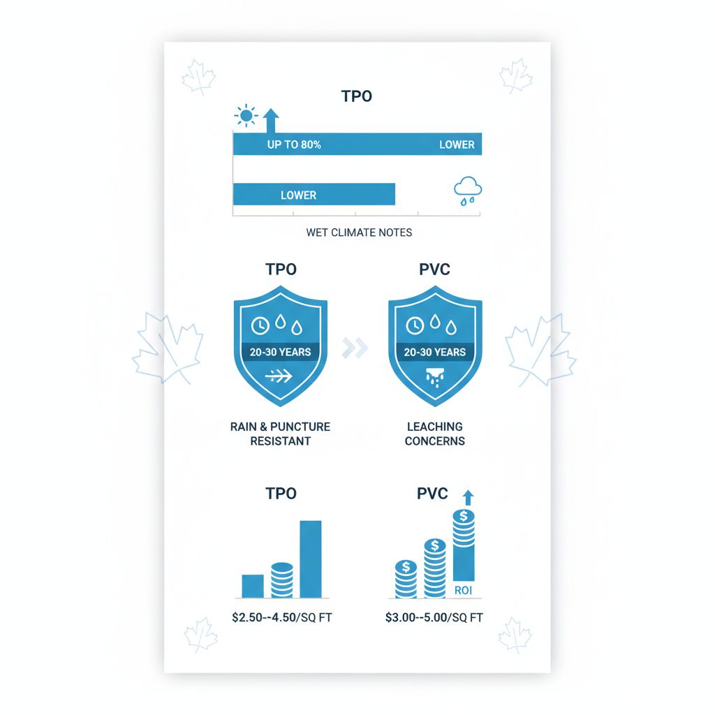 Infographic comparing TPO and PVC roofing benefits including energy reflection, durability, and cost for British Columbia properties.