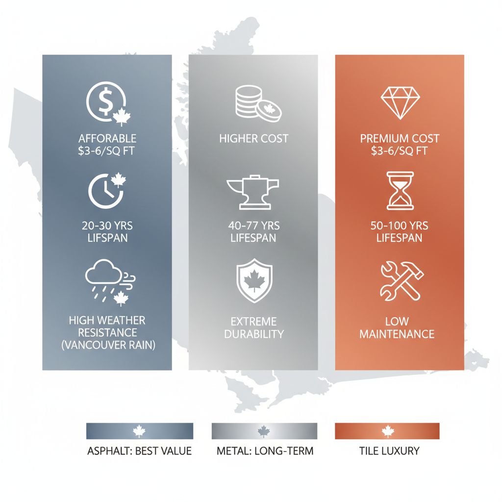 Infographic comparing benefits of asphalt shingles, metal, and tile roofing for properties in British Columbia