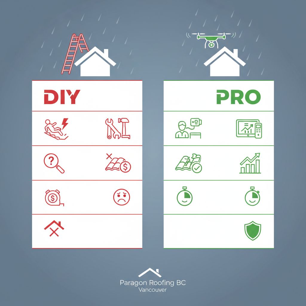 Infographic comparing DIY and professional roof inspections with icons illustrating scope, depth, safety, report quality, and cost differences.