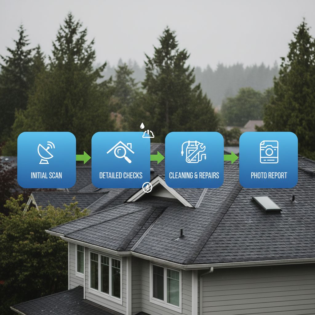 Horizontal process flow diagram illustrating the four-step roof maintenance process including visual scan, detailed checks, cleaning and repairs, and photo report.