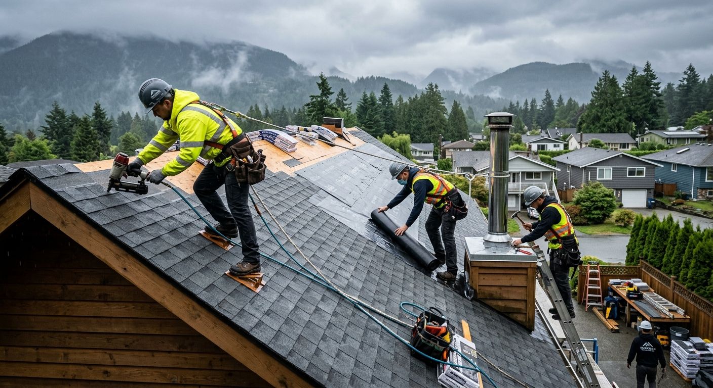 Expert roof installers from Paragon Roofing BC installing shingles on a Vancouver residential roof with misty background.
