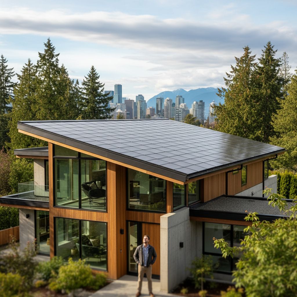 Modern residential home in Vancouver with integrated solar roofing, homeowner admiring the eco-friendly installation amid natural surroundings.