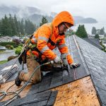 Skilled roofer installing durable new shingles on residential roof during rainy British Columbia weather, showcasing material quality and expertise.
