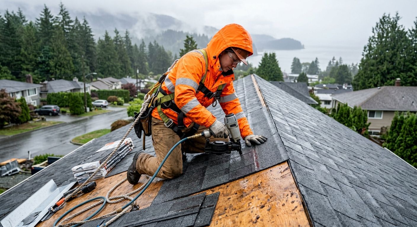 Skilled roofer installing durable new shingles on residential roof during rainy British Columbia weather, showcasing material quality and expertise.