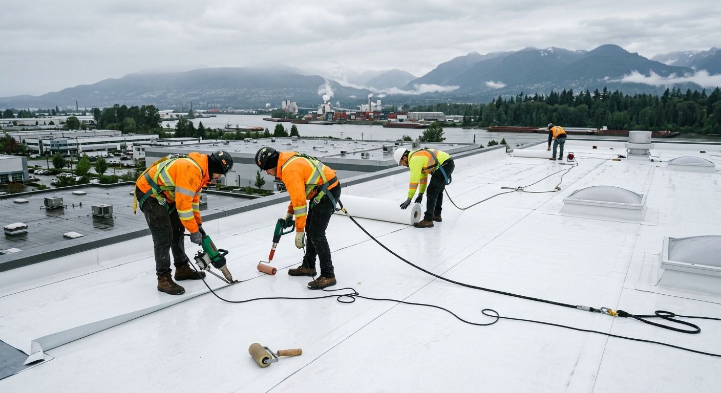 Skilled commercial roofers installing flat TPO roof on warehouse in Delta, British Columbia, with safety gear under cloudy coastal sky