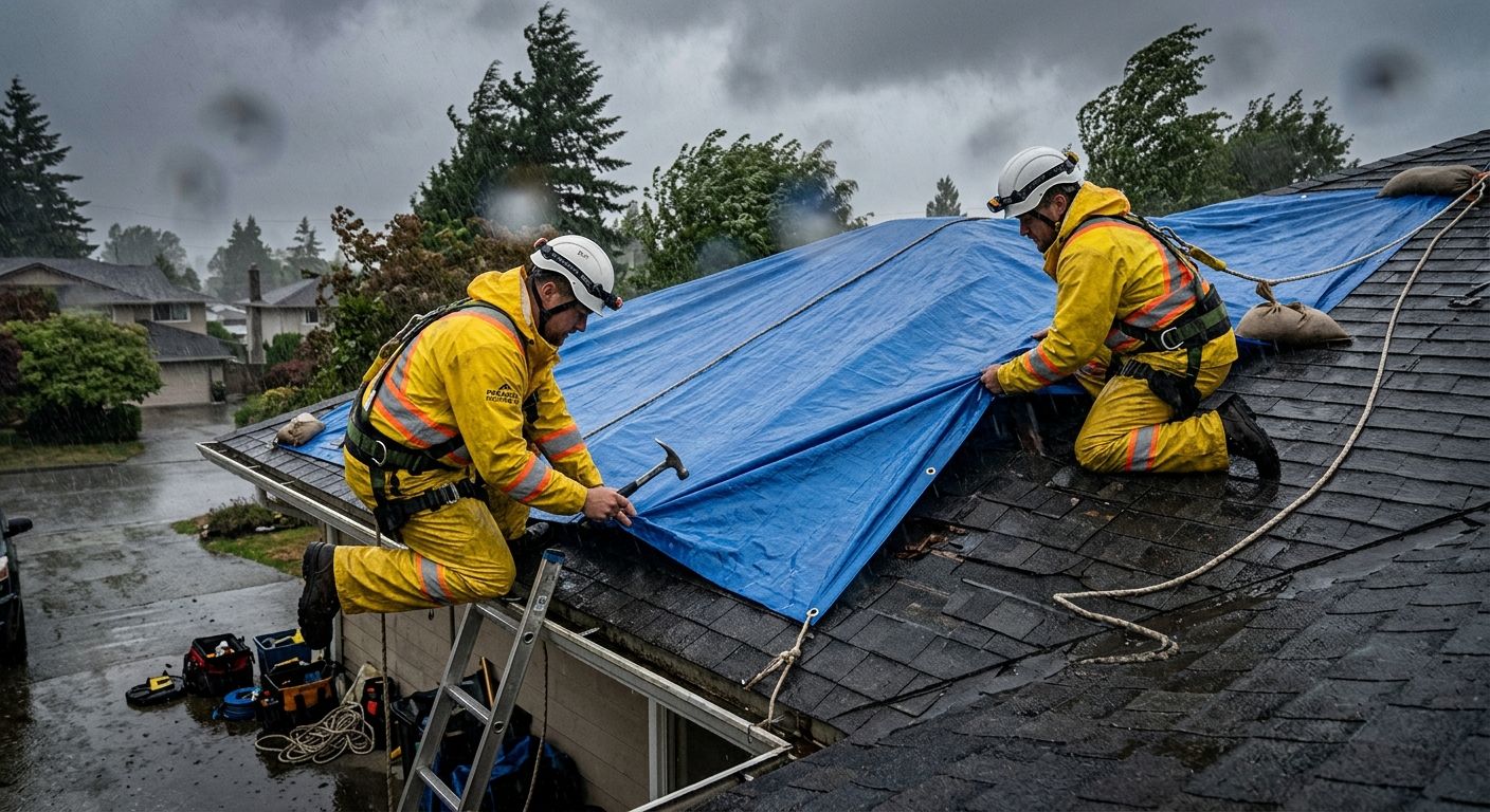 Emergency roof repair team in yellow gear securing blue tarp on damaged suburban roof during Vancouver rainstorm.