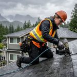 Skilled roofer installing asphalt shingles on residential roof in rainy Metro Vancouver weather, with coastal mountains backdrop.