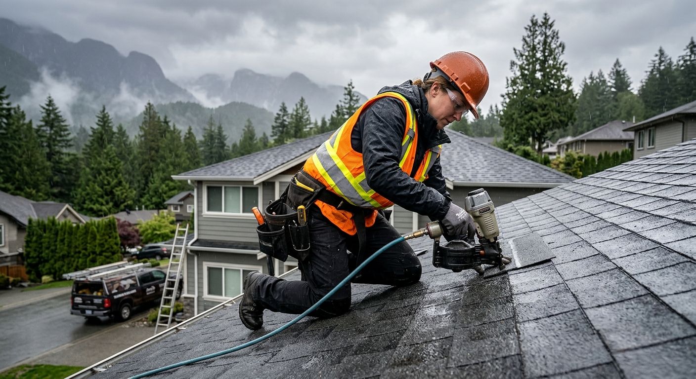 Skilled roofer installing asphalt shingles on residential roof in rainy Metro Vancouver weather, with coastal mountains backdrop.