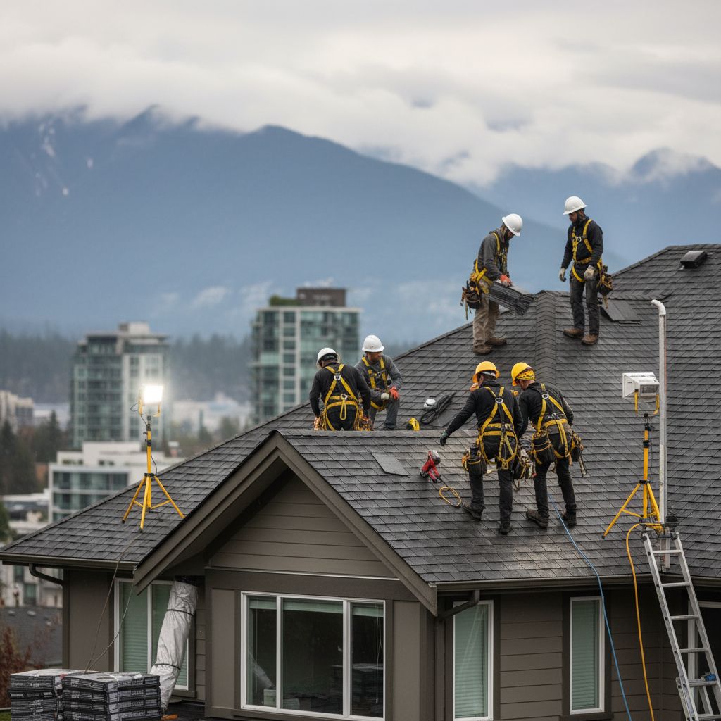 Skilled roofing team installing new asphalt shingles on a modern Vancouver residential home, emphasizing safety gear and local expertise under overcast skies.