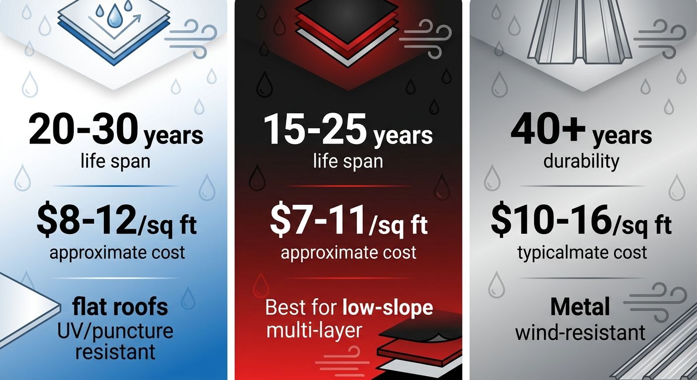 Infographic comparing TPO, Torch-On Modified Bitumen, and Metal Roofing materials for Delta commercial properties with durability, cost, and climate suitability metrics