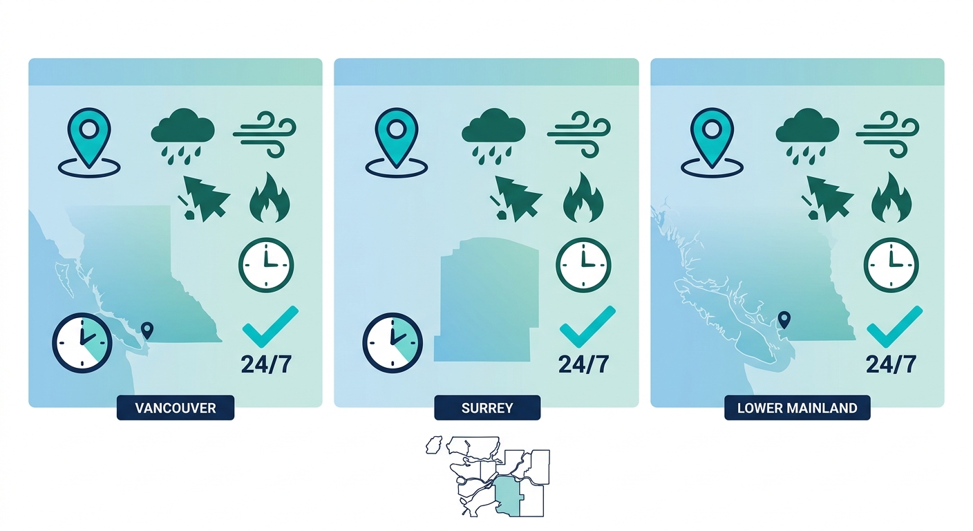 Infographic depicting emergency roof services coverage in Vancouver, Surrey, and Lower Mainland with weather hazard icons, response clocks, and 24/7 checkmarks.
