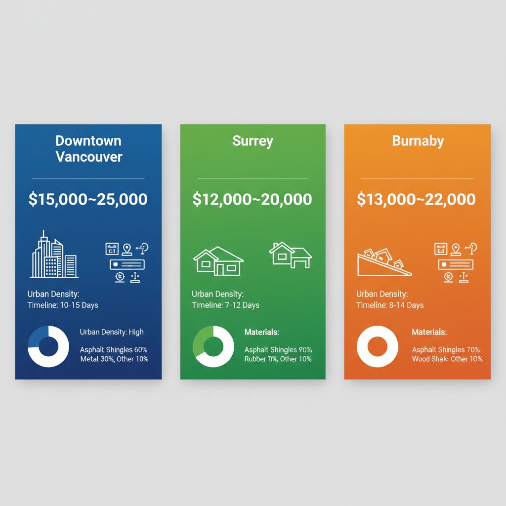 Infographic comparing 2025 roof replacement costs in Downtown Vancouver, Surrey, and Burnaby neighborhoods with cost ranges and icons