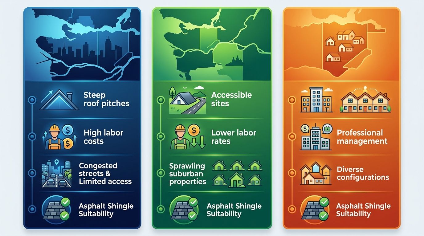 Infographic comparing roof replacement cost factors in Vancouver, Surrey, and Burnaby with icons, maps, and color-coded panels