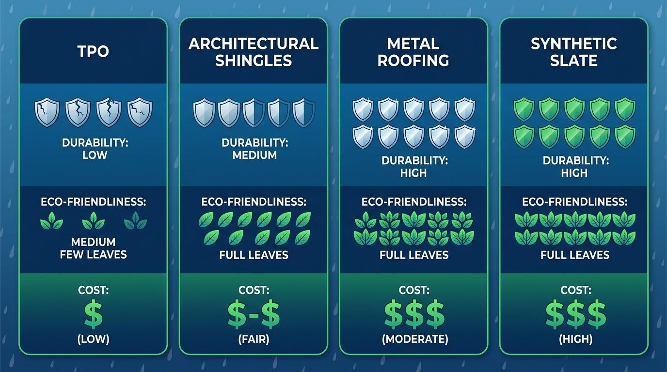 Infographic comparing TPO, Architectural Shingles, Metal Roofing, and Synthetic Slate roofing materials for BC climate with icons for durability, eco-friendliness, and cost.