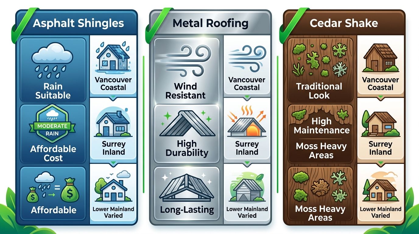 Infographic illustrating suitability of asphalt shingles, metal roofing, and cedar shake across Vancouver, Surrey, and Lower Mainland areas