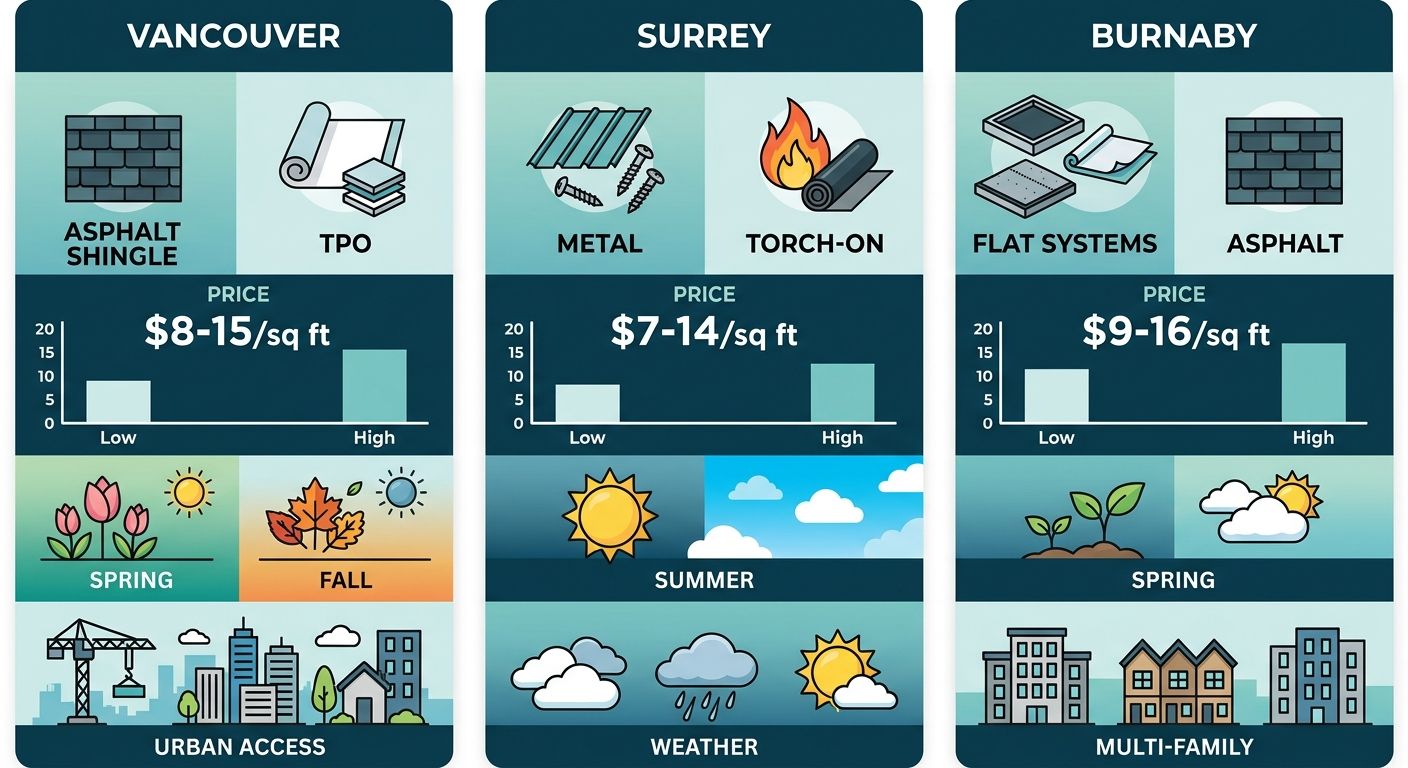 Infographic comparing common roof types, average 2025 costs per sq ft, optimal install timing, and local challenges in Vancouver, Surrey, and Burnaby.