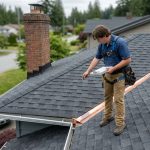 A professional roofing technician in uniform is inspecting a clean, well-maintained residential roof with a clipboard while standing on the shingles. The scene is set under a soft, overcast coastal sky, with a branded white truck in the driveway.