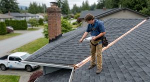 A professional roofing technician in uniform is inspecting a clean, well-maintained residential roof with a clipboard while standing on the shingles. The scene is set under a soft, overcast coastal sky, with a branded white truck in the driveway.