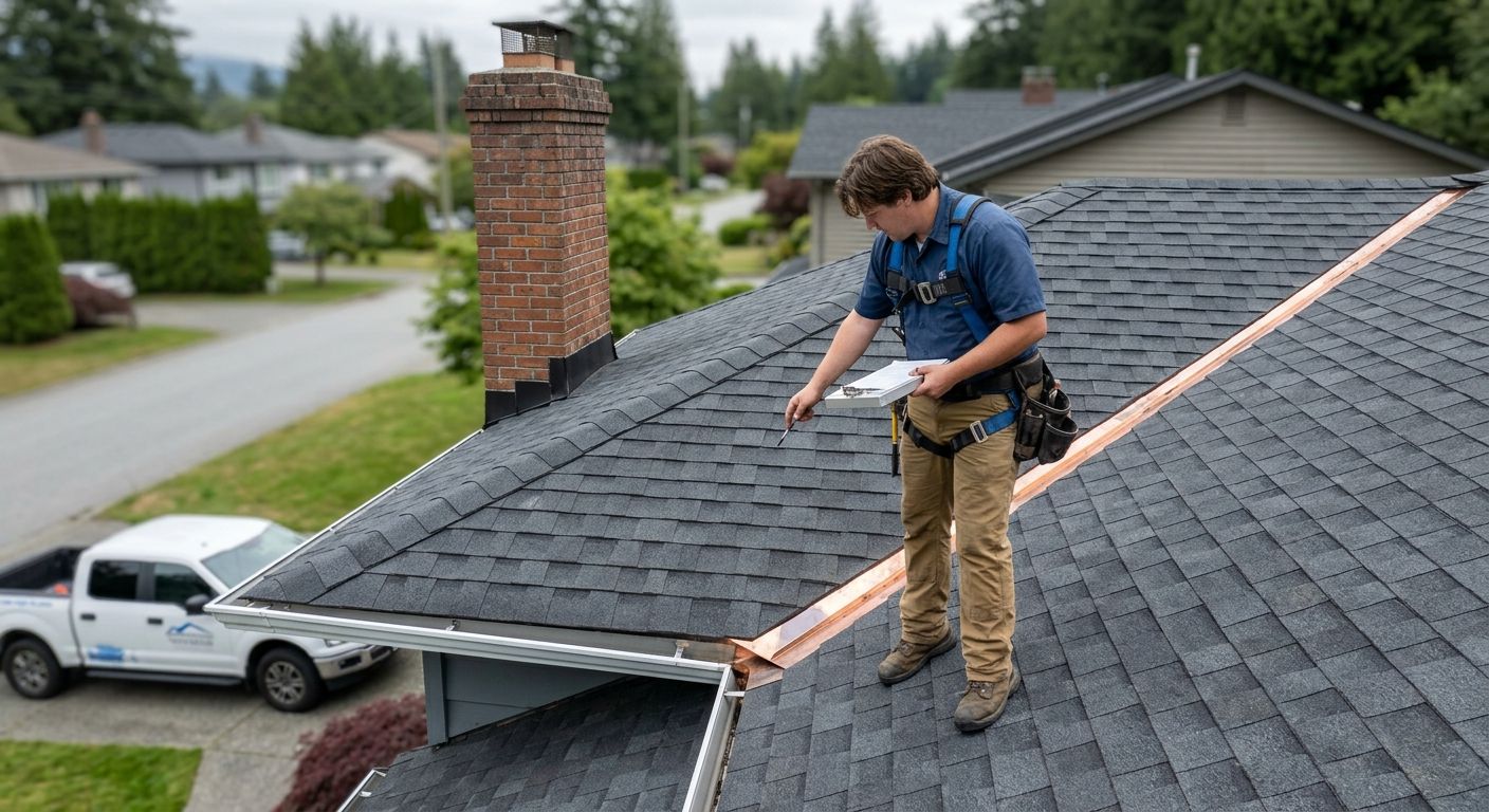 A professional roofing technician in uniform is inspecting a clean, well-maintained residential roof with a clipboard while standing on the shingles. The scene is set under a soft, overcast coastal sky, with a branded white truck in the driveway.