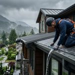 Professional roofer inspecting roof drainage systems on a modern Vancouver home during rainfall, with gutters, downspouts, misty mountains, and wet neighborhood in background.