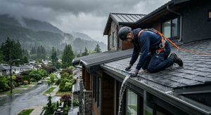 Professional roofer inspecting roof drainage systems on a modern Vancouver home during rainfall, with gutters, downspouts, misty mountains, and wet neighborhood in background.