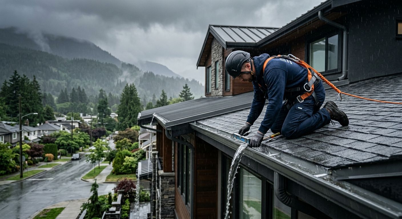 Professional roofer inspecting roof drainage systems on a modern Vancouver home during rainfall, with gutters, downspouts, misty mountains, and wet neighborhood in background.