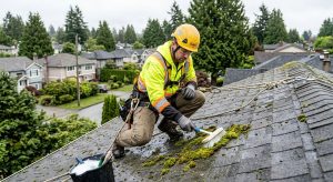 Licensed roofer in safety gear removing moss from asphalt shingle roof on Vancouver home, with green moss patches on north-facing slopes, using soft-bristle brush and eco-friendly solution, residential neighbourhood with evergreens and overcast sky in background