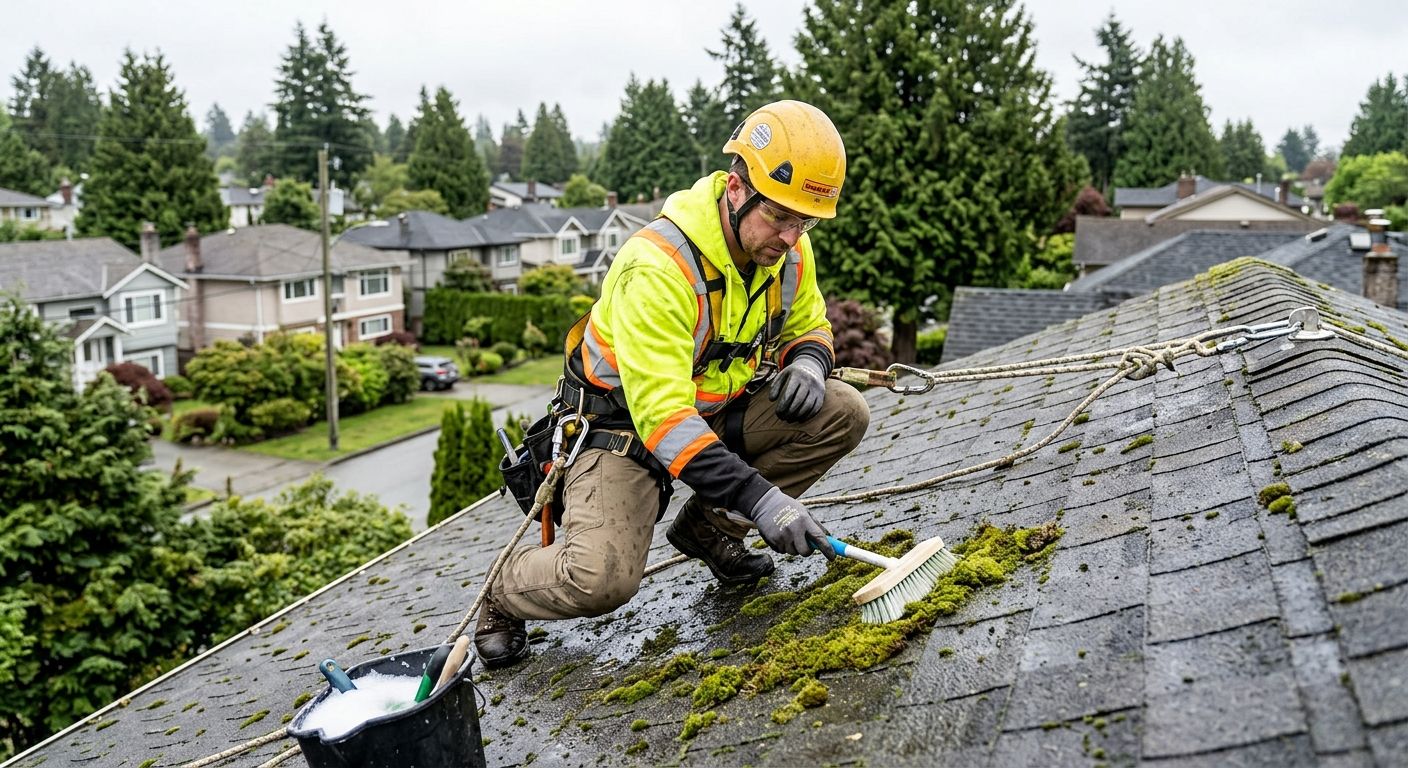 Licensed roofer in safety gear removing moss from asphalt shingle roof on Vancouver home, with green moss patches on north-facing slopes, using soft-bristle brush and eco-friendly solution, residential neighbourhood with evergreens and overcast sky in background