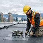 Licensed roofer inspecting a low-slope membrane roof on a Vancouver strata condo tower, with city skyline and mountains in the background.