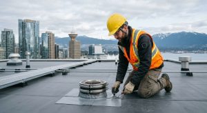 Licensed roofer inspecting a low-slope membrane roof on a Vancouver strata condo tower, with city skyline and mountains in the background.
