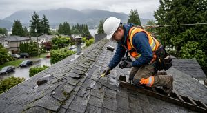 Professional roofer inspecting damaged asphalt shingles on rainy Vancouver residential roof with safety gear and tools, coastal backdrop.