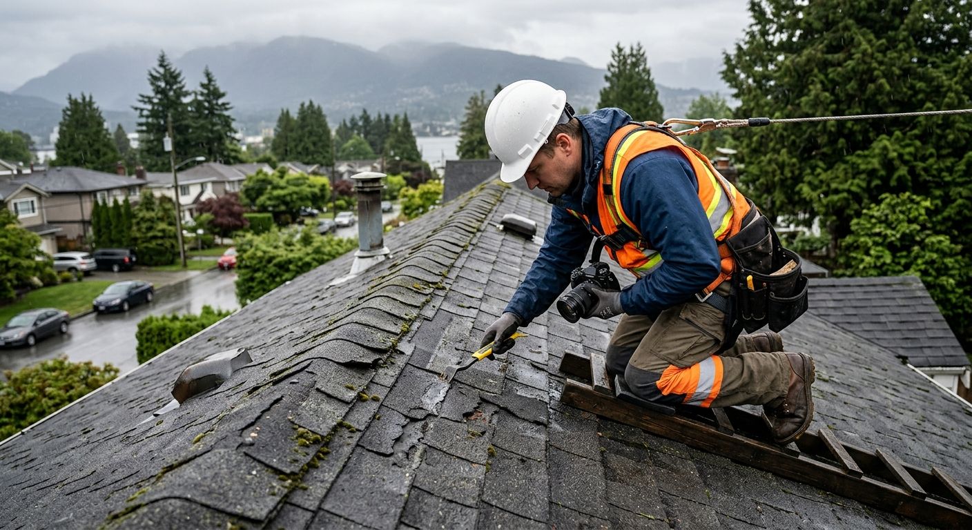Professional roofer inspecting damaged asphalt shingles on rainy Vancouver residential roof with safety gear and tools, coastal backdrop.