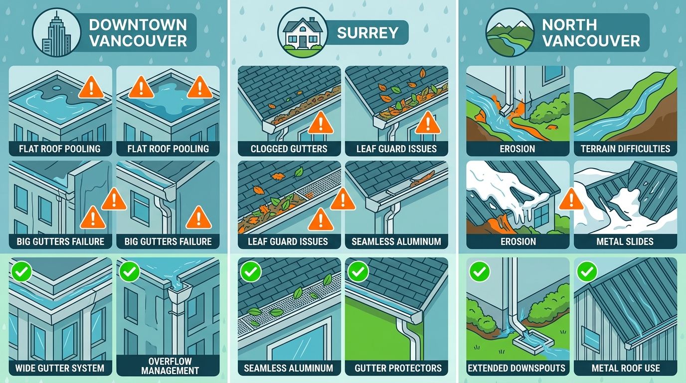 Infographic comparing roof drainage challenges and solutions in Downtown Vancouver, Surrey, and North Vancouver neighborhoods.