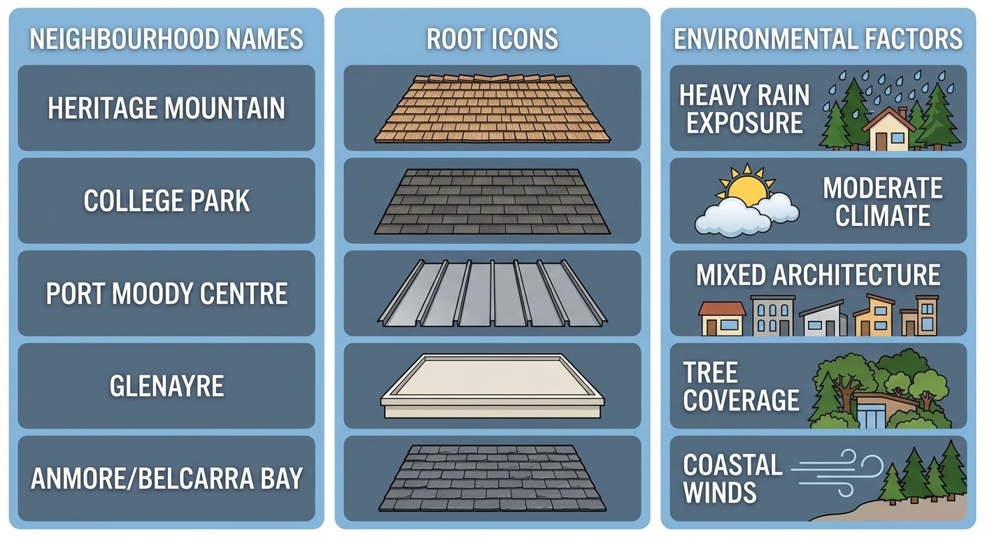Comparison chart showing typical roofing systems for five Port Moody neighbourhoods with environmental considerations.