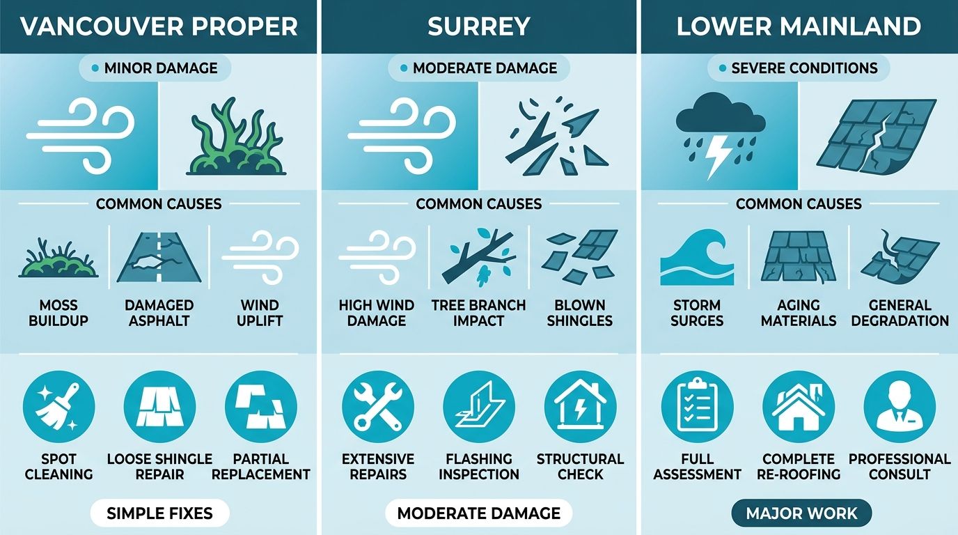 Infographic showing shingle damage causes and actions in Vancouver Proper, Surrey, and Lower Mainland areas with icons and minimal labels