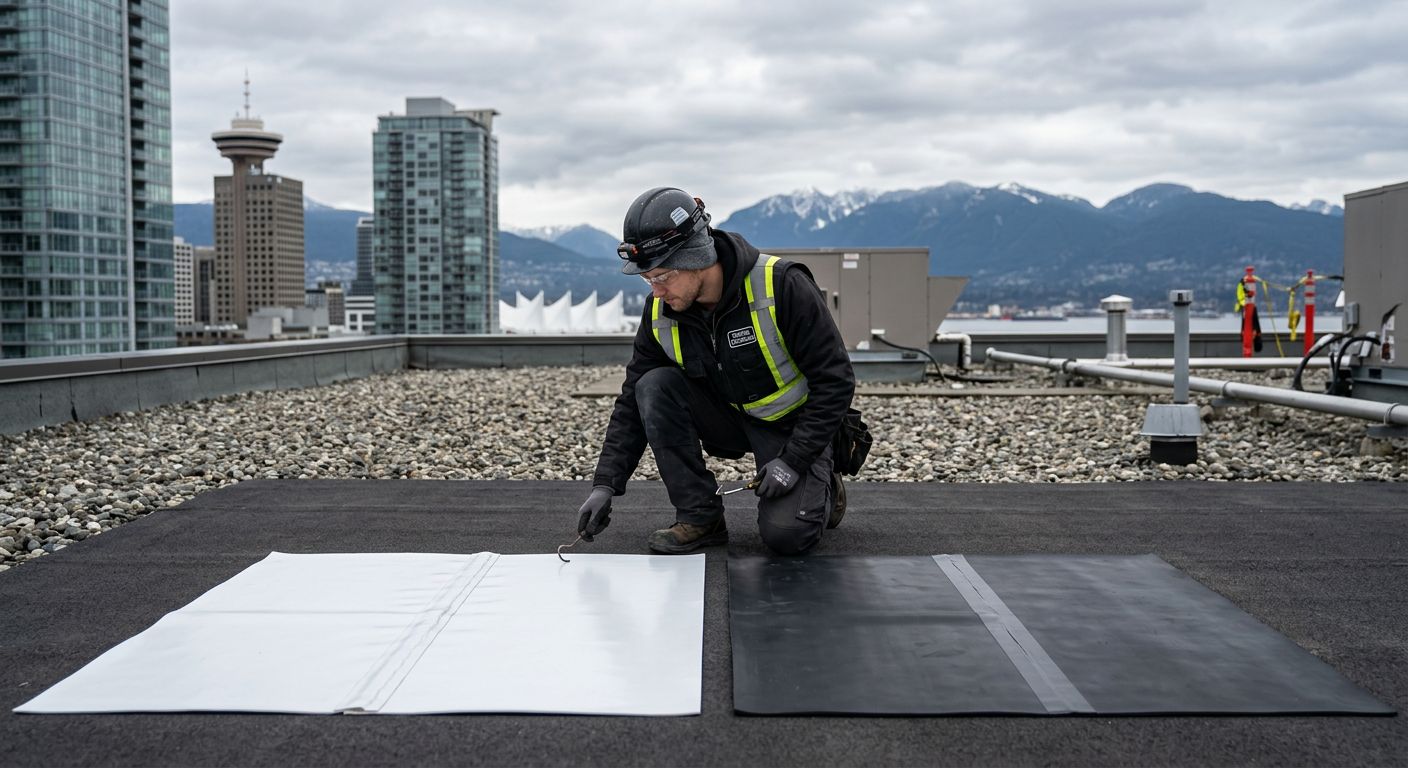 Professional photograph comparing TPO and EPDM flat roofing membranes on a Vancouver commercial building with a roofer performing an inspection